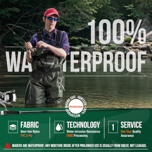 HUNTSEN Fishing Waders for Men Women - 2-Ply Nylon/PVC Waterproof Hunting Chest Waders with Boot Hanger&Phone Case, Size9-13 - color: Green, size: 12