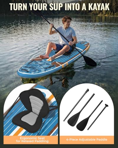 11ft Inflatable Stand Up Paddle Board, Wood Grain Ultra Lightweight SUP, 430lb Capacity for Adults Youth Family, for Fishing Surfing Camping, Includes Backpack & Pump - color: Blue Grained Walnut Wood with Seat