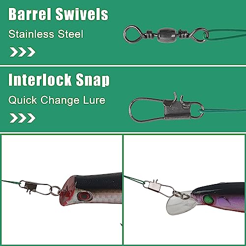 Fishing Leaders Saltwater,60pcs Stainless Steel Wire Leaders with Swivels Snap High Strength Fishing Line Leader for Connect Fishing Tackle Lure Bait Rig Hooks,6/8/10inch - color: Green - 60pcs (6"+8"+10")