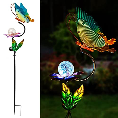 HONGLAND Solar Butterfly Garden Lights, Outdoor Lights Garden Decor for Outside, Flower Yard Decorations, Metal Yard Art for Patio Decor, Gifts for Mom - color: Butterfly
