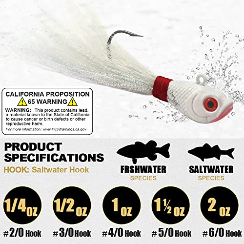 Bucktail-Jigs-Saltwater-Hair-Jigs-Head -Fishing-Lures-Assorted Kit - color: All White -5 Piece Kit, size: 2 oz 5 pack
