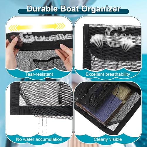 14" X 9.8" Boat Storage Bag with Secure Lid and 2 Open Pockets, Boat Storage Accessories Mesh Organizer with Strong Adhesive, Perfect for Storing Phones, Glasses, Keys and Tackle Marine Accessories