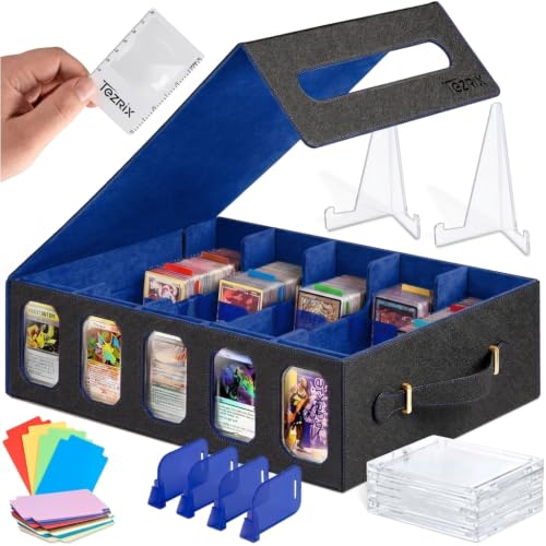 5-Row Mtg Trading Card Storage Box With Display Windows - Magnifier Ruler, 2 Display Stands, 7 Cardholders - 3900+ Card Case With Magnetic Closure, Sports TCG Card Organizer - Blue Card Boxes - color: Black, Blue (5 Row)