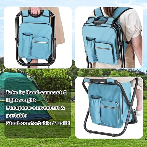Kikerike Backpack Stool Cooler Chair Heavy Duty 300 LBS Max Load Portable Lightweight Folding Fishing Cooler for Camping Hunting Fishing - Sky Blue - color: Sky Blue