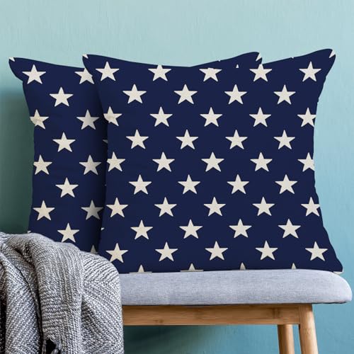 4th of July Pillow Covers 18 x 18 Inch Set of 2 Independence Day Navy Blue Stars Throw Pillows Patriotic Memorial Day Outdoor Decorative Pillowcase Linen Cushion Cases for Bed Sofa Couch - color: 4th of July-01, size: 18" x 18" (Pack of 2)