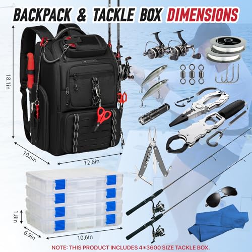 Fishing Tackle Backpack, 40L Tackle Bag with 2 Rod Holders & 4 Tackle Boxes, Water-Resistant Large Storage Fishing Gear and Equipment, Fisher Gifts for Men, Black - color: B-Black with 4 Tackle Boxes