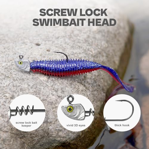 15-Pack Screw Lock Swimbait Jig Heads – 3D Chartreuse Eyes 1/8 3/16 1/4 3/8 1/2 oz, 3/0 & 4/0 Fishing Hooks - color: Raw, size: Assorted - 15Pack