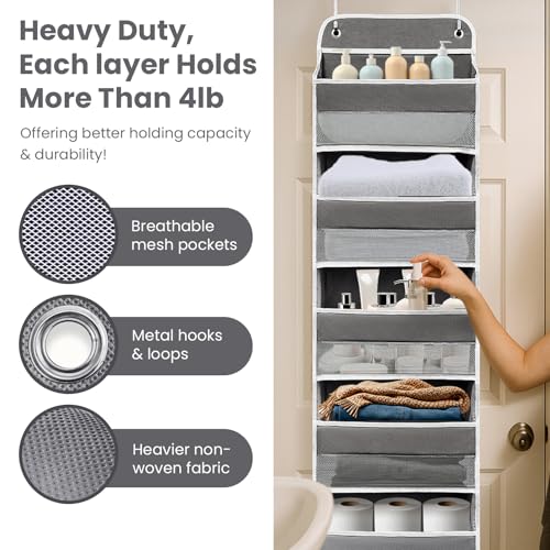 Easy Assembly Over The Door Organizer, 6 Shelves& 10 Side Pockets, Heavy-Duty Reinforced Mesh Rack Holds 44lb, Hanging Behind Door Storage for Bathroom Pantry, Nursery, Closet, Shoes, Towels-Dark Grey - color: Dark Grey, size: 6 shelf