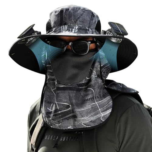 Solar Fan Hat, Wide Brim Solar Fan Outdoor Fishing Hat, 2 Solar Fan Hats for Men, USB Waterproof Outdoor Hiking Camping Fishing Hat with Removable Neck Flap and Face Cover for Fishing Black