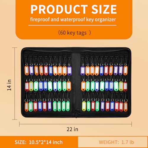 Sdstone Zippered Key Case,Fireproof and Waterproof Key Organizer with 60 Key Tags Key Storage,Portable Manager, Landlord Zipper Key Binder for Real Estate Sales, Hotels, Car Service - color: Black, size: 60