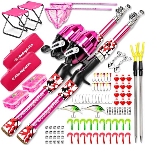DaddyGoFish Kids Fishing Pole - Rod Reel Combo Tackle Box Starter Set - First Year Small Dock Gear Kit for Boys Girls Toddler Youth Age Beginner Little Children Junior Anglers - color: 2 Pack- Pink + Pink (Complete Set), size: 5ft