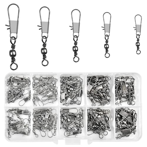 Realure 125 Pcs Barrel Snap Swivel Fishing Rolling Ball Bearing Swivels with Safety Snap 7# 8# 10# 12# 14# Quick Change Fishing Connector with Ball Bearing Swivels Snaps for Connecting Hooks & Lures