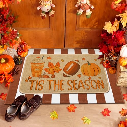 Tinideya 2 Pcs Fall Football Door Mat Outdoor Autumn Pumpkin Welcome Doormat for Front Door Nonslip Linen Rubber Layered Orange Stripe Thanksgiving Harvest Rugs Its The Season Decor for Porch Entryway - size: 16 x 28 Inch,24 x 35 Inch, style: Fall Footbal