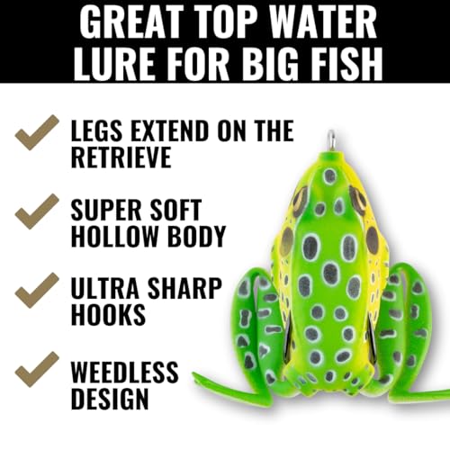 Lunkerhunt - Lunker Frog Fishing Lure | Award Winning Realistic Topwater Frog Lure for Fishing Bass, Trout and Pike | Freshwater Fish Bait with Hollow Body, Weedless Hooks for Freshwater Saltwater - color: Leopard