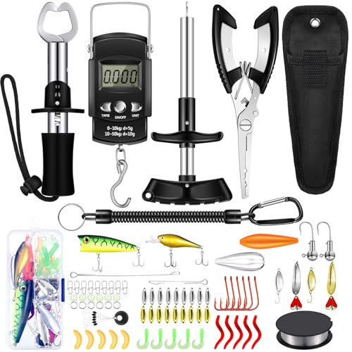 Sosation 134 Pcs Fishing Tool Kit Fishing Gear and Equipment for Men Adults Family Pliers Kit, Hook Remover Tool, Lip Gripper Set, Lures Baits Tackle Accessories Gifts for Father - color: Black
