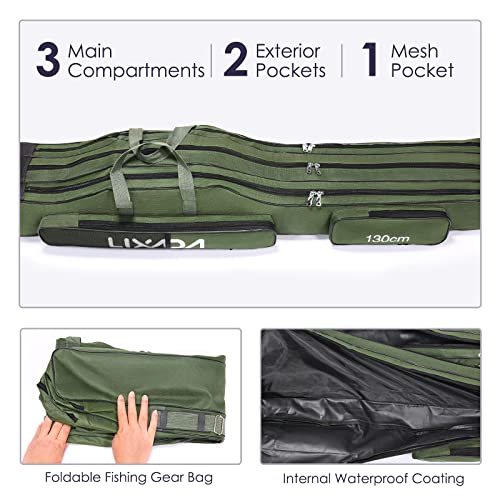 Lixada Fishing Rod Case, 3 Layers Oxford Fishing Rod Bag, Portable Foldable Fishing Pole Bag, Fishing Rod Carrier Fishing Tackle Storage Bag Travel Carry for Fishing Gear & Equipment - color: Army Green, size: 130cm