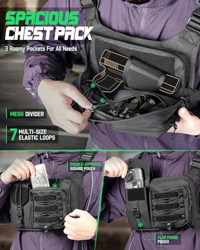 RXW Chest Bag for Men Women, Running Chest Pack Sport Chest Rigs Tactical Chest Pack Days Hikes Hiking Vest Carry - color: Black