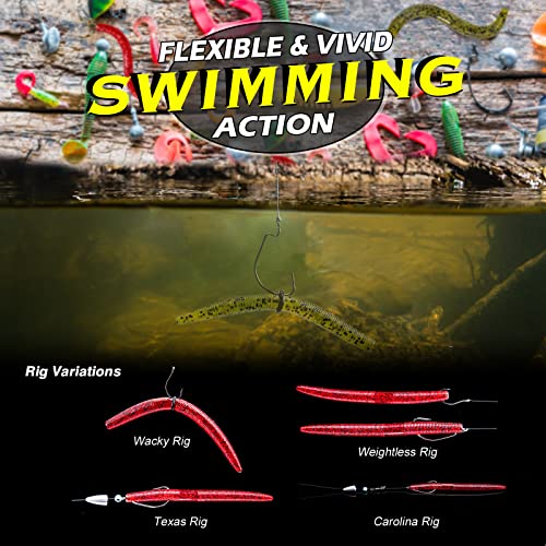 Goture Wacky Worm Fishing Lure Kit with Soft Plastics, Wacky Rig Tools, O-Rings, Worm & Drop Shot Hooks, Beads, Weights & Tackle Box - color: C-50pcs 3" Wacky Worms &10pcs Hooks with Box