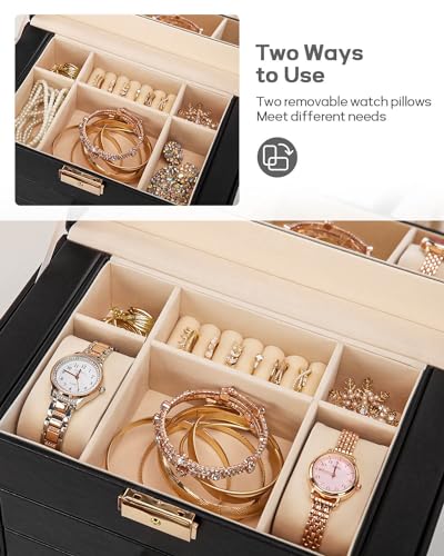 Homde Synthetic Leather Huge Jewelry Box Mirrored Watch Organizer Necklace Ring Earring Storage Lockable Gift Case (Black + Gold) - color: Black + Gold