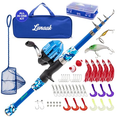 Lanaak Kids Fishing Pole, Kids Portable Telescopic Fishing Rod Set, Tackle Box and Fishing Net Combo Kit, Kids Fishing Gear for Boys and Girls Age 5-10 and Youth - color: Blue, size: 1.2m or 3.9FT