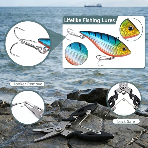 Fishing Tackle Box with Fishing Lures,72Pcs Fishing Lures Kit-Pliers,Topwater Lures,Hooks,Spinnerbaits,Saltwater & Freshwater Fishing Gear and Equipment,Fishing Gifts for Men
