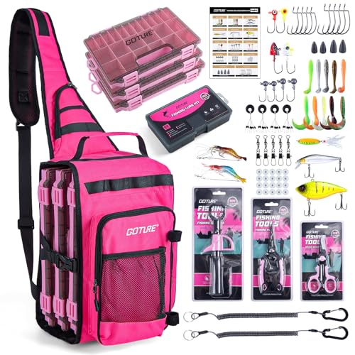 Goture OpenSide Tactical Sling Tackle Bag with 3 Tackle Trays,Lures & Fishing Tools, Lightweight Fishing Backpack Storage for Fishing Gear-Pink Bag, Gift for Women - color: Pink, size: Small bag with 3600 trays, style: Bag + Fishing Boxes(handle) + Pink F