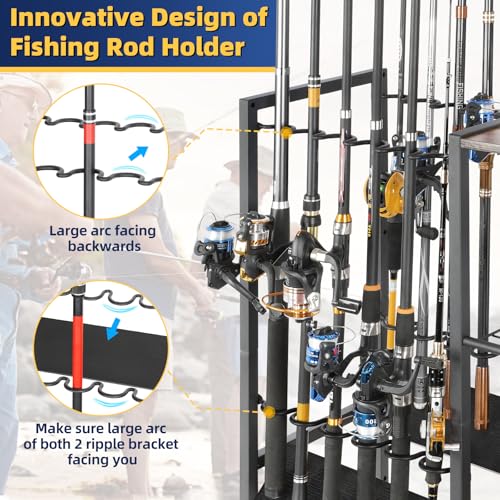 Olakee Fishing Rod Holders, Rolling Fishing Rod Rack for Garage & Boat, Tackle Box & Reel Holder Cart, Easy Assembly Fishing Gear Management System, Ideal Birthday Gift for Men Dad Anglers - color: 12 Rod,Black