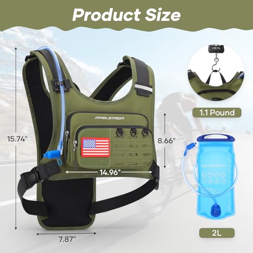 Maelstrom Hydration Running Vest with 2L Water Bladder for Men Women | Chest Pack, BPA-free, High Flow Bite, Reflective Stripe, Detachable, Breathable Pad, Perfect for Cycling, Marathon, Hiking - color: Army Green