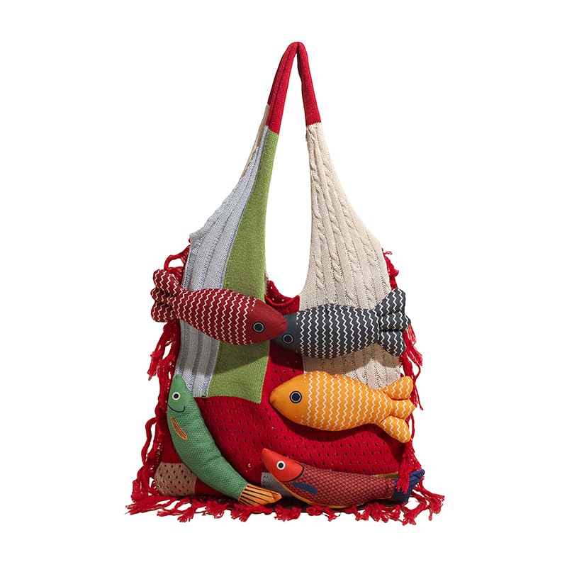 Bohemian style travel handbag for women large-capacity woven bag vacation beach seaside tote bag crochet purse - color: Red