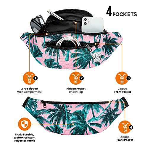 Vibe Festival Gear Rave Fanny Pack for Women Men – Festival, 4 Pockets, Adjustable Strap, Cute Waist Bag, Crossbody Belt Bag, Hiking, Running, Cycling - color: Palm Leaves Pink Tropical, size: Fits Most