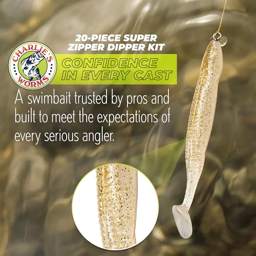Charlie's Worms Bass Lures Freshwater Fishing Lure - Scented Artificial Softbait for Freshwater & Saltwater Bass Fishing, Swimbait, Softbait - style: Super Zipper Dipper (20-piece)
