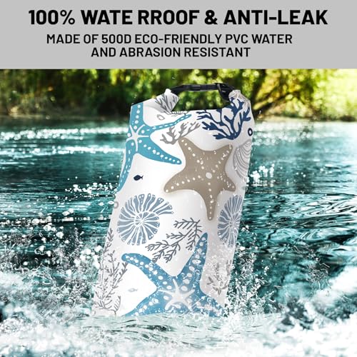 Waterproof Dry Bag,Roll Top Coral Starfish Coastal Waterproof Backpack 5L/10L/20L Floating and Lightweight Bags for Kayaking, Boating, Fishing, Swimming and Camping with Waterproof Phone Case