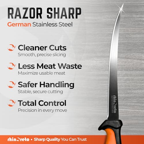 Rhinoreto Fillet Knife for Fish - Razor Sharp G4116 German Stainless Steel Blade, 9 Inch Professional Filleting & Boning Knife with Non-Slip Handle, Protective Sheath & Sharpener - color: Orange, size: 9"