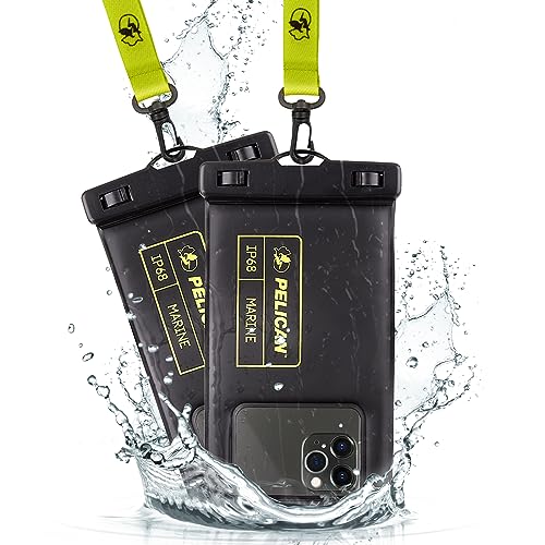 Pelican 2 Pack Marine Waterproof Phone Pouch (Regular) -Black/Hi-Vis Yellow | Touchscreen IP68 Floating Waterproof Phone Case w/Detachable Lanyard - Fits All Phones - Beach Cruise Ship Travel Essentials - color: Black/Neon - 2 Pack - Regular, size: Regula