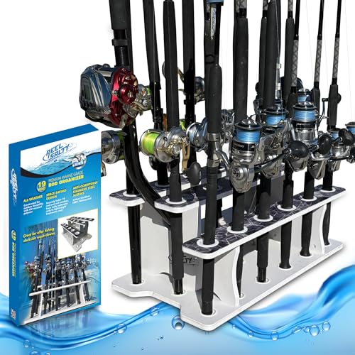 Rush Creek Creations Reel Salty 19-Rod Marine Grade Fishing Pole Holder with Tri-Level Design, UV-Resistant, 100% Waterproof Fishing Rod Holder for Garage and Dock, Blue/White - size: 19-Rod