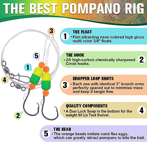 Pompano-Rigs-for-Surf-Fishing-Saltwater-Gear with Double Circle & Wide Gap Hook-6-Pack Surf Fishing Tackle - color: Mixed pack of 6 pcs in 3 colors, size: 2/0 Circle Hook
