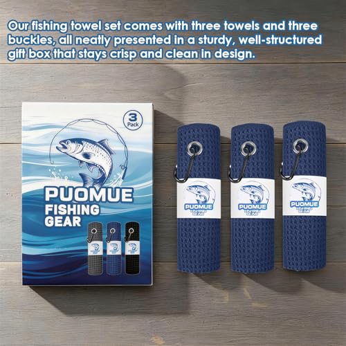 Puomue 3 Pack Microfiber Fishing Towels with Clip, 16" X 16", Waffle Pattern for Effective Cleaning of Fishing Gears or Dirty Hands, Perfect for Camping Towels and Hiking Towles (Blue, 16"X16") - color: Blue