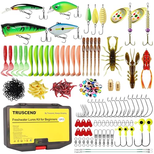 TRUSCEND Complete Fishing Accessories - Tackle Box with Tackle Included, Fishing Hooks, Jig Heads, Sinkers, Weights, Swivels, Snaps, Bobbers, Leaders - Fishing Gear Set for Bass Trout Panfish Walleye - color: E-128pcs Lures Kit