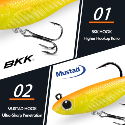 TRUSCEND Duramax TPE Soft Fishing Lures with BKK Hooks, Easy Catch Curly & T-Tail for Trembly Sinking & Vibrating Swim, UV or Glow Effect for All Conditions, Pre-rigged Swimbait for Bass Trout Crappie - color: A2-3.5"-3/8oz