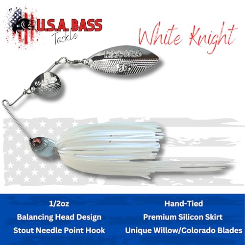 USA BASS Tackle Apache Attack Spinnerbait Type II Largemouth Smallmouth Spotted Bass Premium Fishing Bait Handtied Skirt Custom Blades Heavy Duty Hook New for 2025 - color: White Knight, size: 1/2oz - Willow/Colorado
