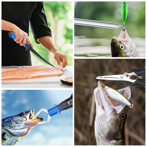 Fishing Tool Kit, 12 Pieces Fishing Gear, Fishing Pliers with Lanyard, Fillet Knife, Fish Lip Gripper, Fly Ice Fishing Hook Knotter, Anti-Cutting Gloves