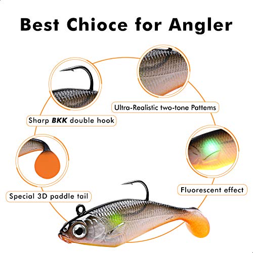 TRUSCEND Duramax Pre-Rigged Fishing Lures with BKK Jig Hooks, Easy Catch 10X Tear-Resistant TPE Soft Swimbaits for Bass Trout Crappie Walleye Redfish Grouper, Fishing Bait for Saltwater and Freshwater - color: E-2.8"-0.37oz