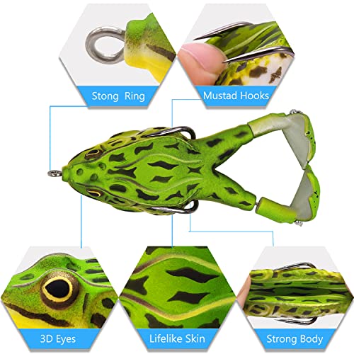 Topwater Bass Fishing Lure Kit, Plopping Propeller Tail Bigger Splash Whopping, Soft Plastic Frog Bait 3D Eyes Lifelike Body Pattern, for Bass Snakehead Musky Pike Walleye, 5 pcs… - color: A Group