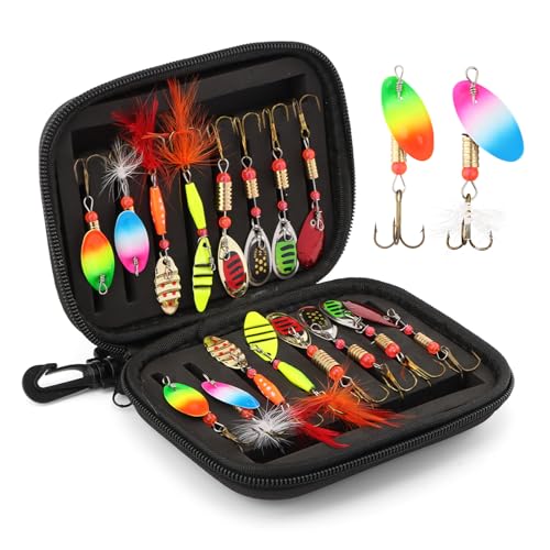 16pcs Fishing Lures Spinner Baits, Trout Bass Salmon Lures Kit, Metal Bass Trout Spinner Lure Baits with Portable Carry Bag for Freshwater Saltwater, Fishing Gifts for Men