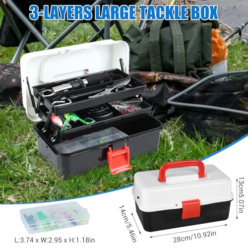 3 Layers Fishing Tackle Box, 213Pcs Fishing Lures Kit with Small Fishing Tool Kit Containing Weights Scale, Lip Clip, Hook Remover, Fishing Accessories, Fishing Gear for Beginners Kids, Men, Adults - color: black