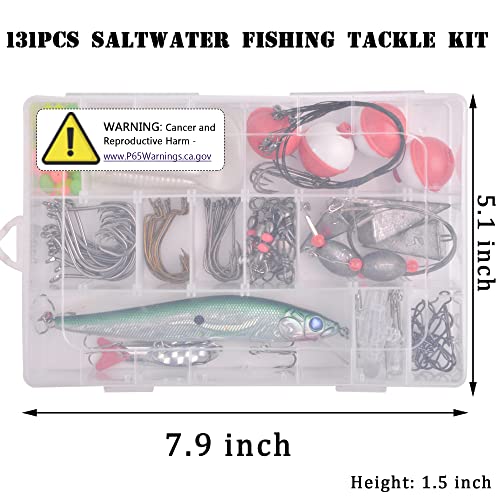 Saltwater Fishing Tackle Kit,131pcs Surf Fishing Gear with Saltwater Fishing Lures Fish Finder Rigs Pyramid Sinkers Hooks Swivels Wire Leaders Spoon Lure Bobbers Various Accessories