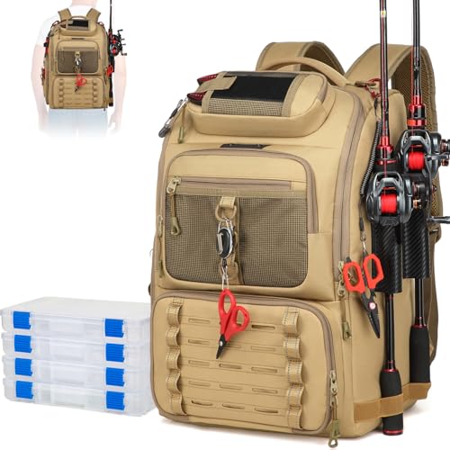 Fishing Tackle Backpack,Tackle Bag with 2 Rod Holders & 4 Tackle Boxes,Water-Resistant Large Storage Fishing Gear and Equipment, Fisher Gifts for Men, Khaki - color: B-Khaki with 4 Tackle Boxes