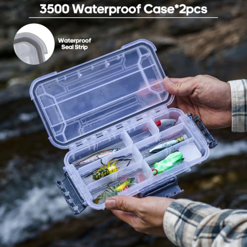 THKFISH Waterproof Double Side Tackle Box, Portable Storage Box with 2 Pack 3500 Stowaway Boxes & Rod Holders, Fishing Lure Organizer YellowPink/Green/Blue/Grey (L-Yellow) - color: L-Yellow