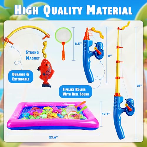 CozyBomB™ Magnetic Fishing Toys Game Set for Kids | Water Table Bathtub Kiddie Pool Party Pole Rod Net, Outdoor Plastic Floating Fish, Toddler Bath Color Ocean Sea Animals Birthday Gift Age 3-5 6 4-8 - size: 20 Fishes