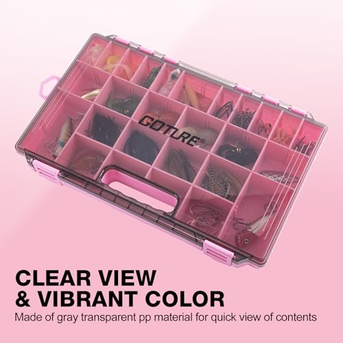 Goture Fishing Tackle Box Organizer - Transparent Fishing Organizer Box w/Measurement Ruler, Adjustable Dividers, Dual Latches | 4 Pcs 3600 Tackle Tray| Ergonomic Grip - color: C - Pink/Handle, size: 4pcs 3700